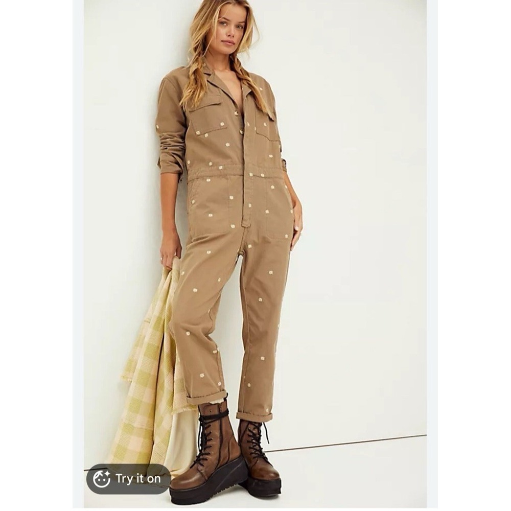 Driftwood X Free People Dizzy Daisy Coveralls Jumpsuit Sz L Cotton Embroidered